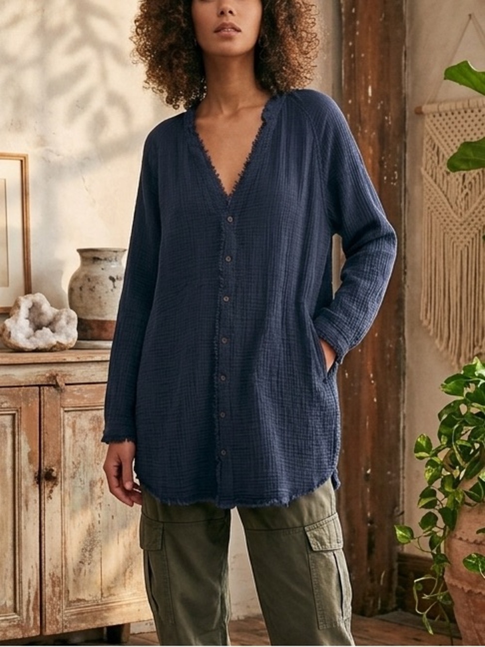 Igenjun Summer Daydream Gauze Button Down Top Cover-Up w/Pockets Navy XL